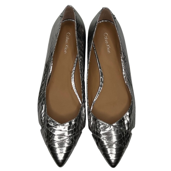 Calvin Klein Flats GAILIA Pointed Toe Shoes Faux Snakeskin Y2K Metallic Silver 9 - Picture 11 of 17